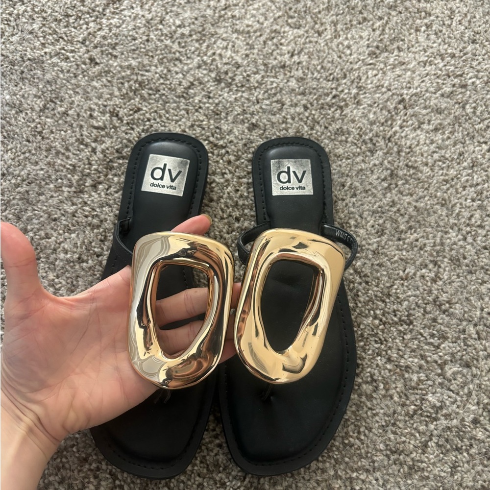 Dolce Vita Black Thong Sandals with Gold Hardware